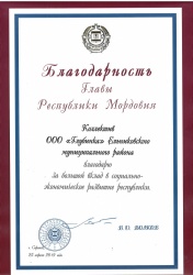 Благодарность Главы Республики Мордовия 2019